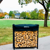 Woodhaven Black 4 Foot - Heavy Duty Made In USA - Indoor Outdoor - 1/4 Cord Firewood Storage Log Rack With Seasoning Cover Combo Set - Metal Log Storage - 48” x 48” Woodhaven