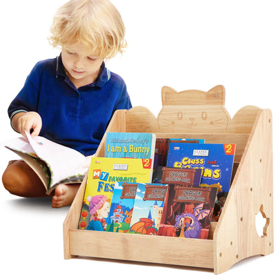 Juexica Kids Bookshelf 5 Tier Toddler Bookshelf Book Display Shelf Organizer Wood Bookcase with Chalkboard and Storage Kids Magazine Rack for Classroom Bedroom Nursery Furniture,17x17x11 Inch(Cat)