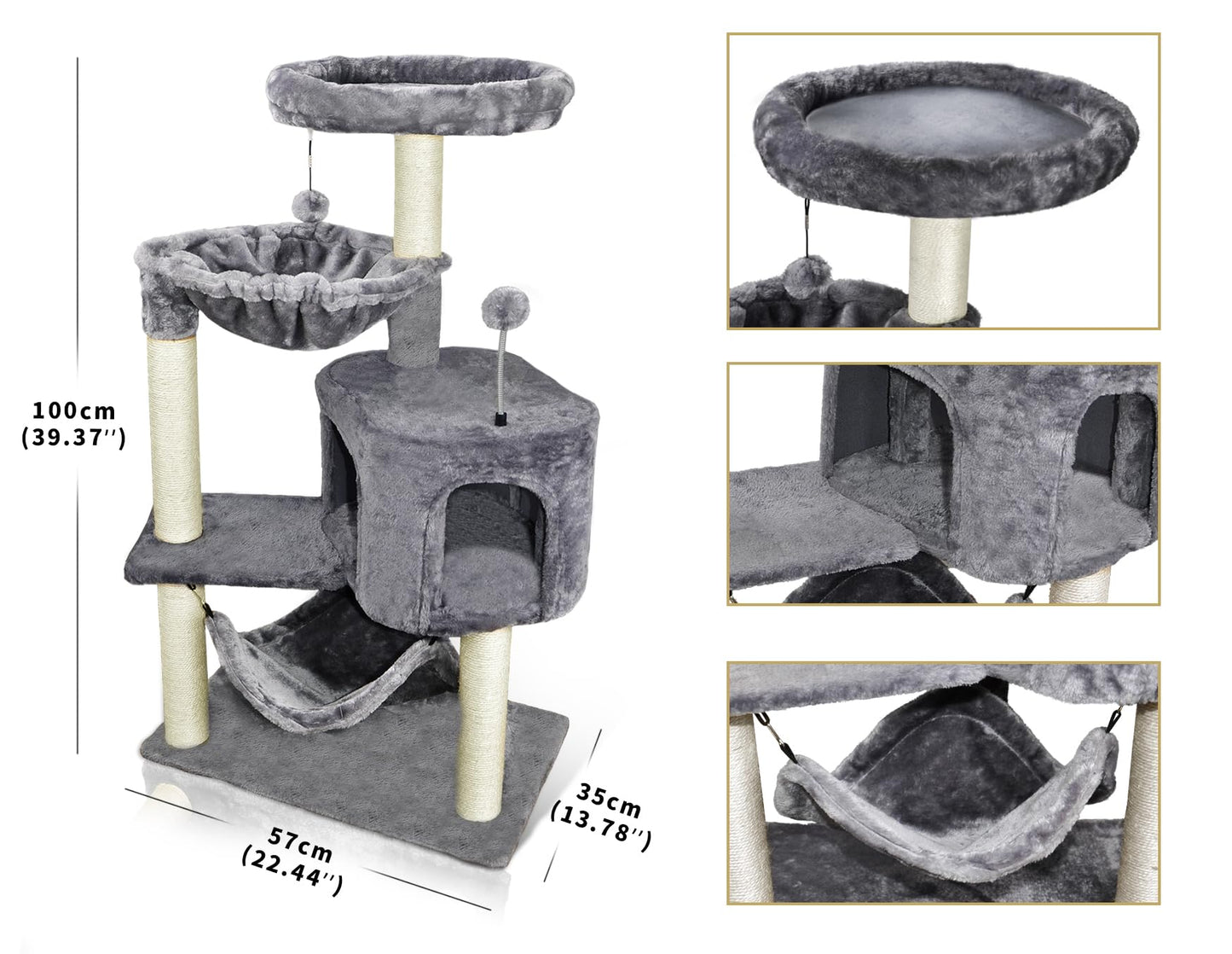 YUNIQUE Cat Tree with Cat Condo and Big Hammock, Grey