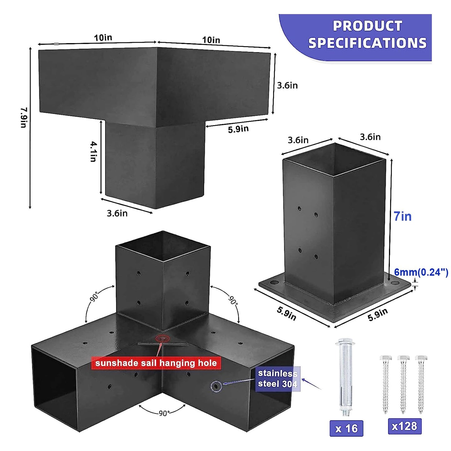 TPSHKE Pergola Kit, 4 Pack 4"×4" 3-Way Right Angle Corner Pergola Brackets & 4 Pack Post Base，3mm Thickness Heavy Duty Aluminum Pergola Kits with Screws for 4x4 Inch (Actual 3.6"x 3.6") Wood  - WoodArtSupply