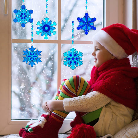 Winlyn 24 Sets Snowflake Suncatchers Ornaments Decorations DIY Window Paint Art Suncatchers Christmas Craft Kits Hanging Snowflake Sun Catchers for Kids Christmas Winter Home Classroom Party Activity Winlyn