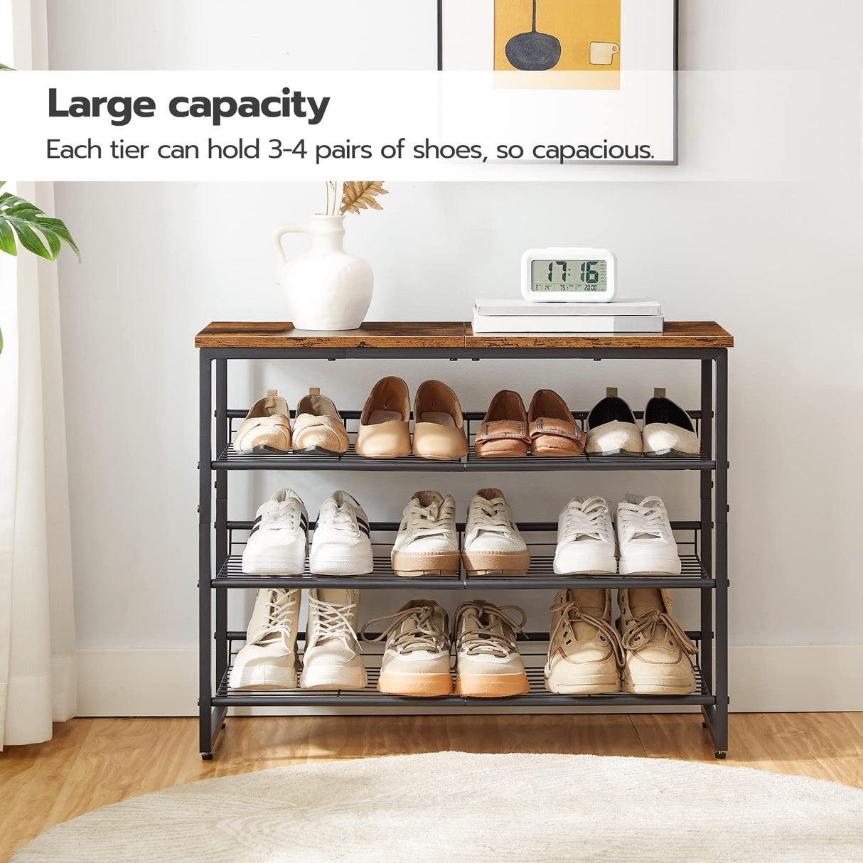 HOOBRO Shoe Rack, 4 Tier Shoe Organizer, Adjustable Shoe Shelves, Flat or Slanted, Holds 9-12 Pairs, Stable and Durable for Entryway, Closet, Rustic Brown and Black BF09XJ01 HOOBRO