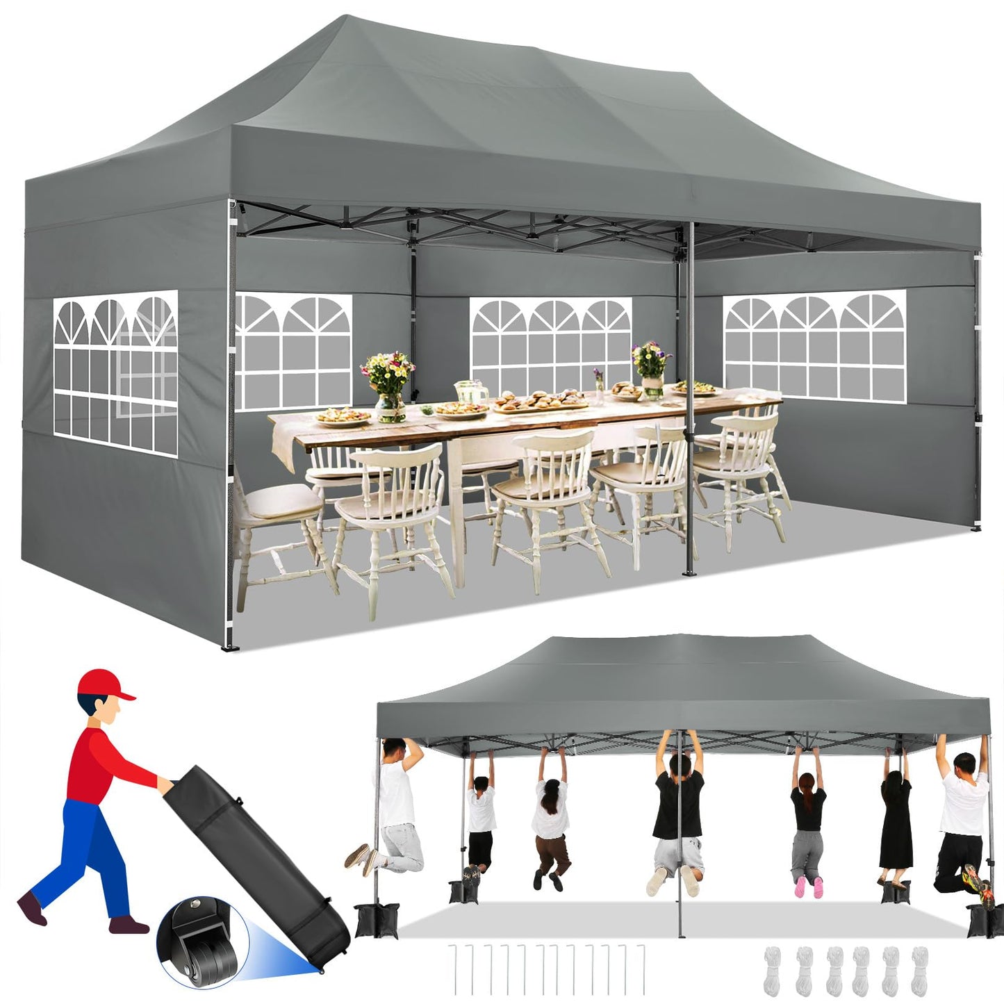 COBIZI 10x20 Pop up Canopy Tent Heavy Duty with 6 Sidewalls, Easy Set-up Commercial Outdoor Party Tent, 100% Waterproof Wedding Tent Gazebo, 3 Height Adjustable with Wheeled Bag,Gray