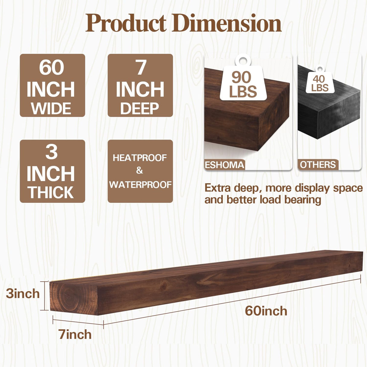 Fireplace Mantel, 60 Inch Handcrafted Wood Mantles with Invisible Heavy Duty Metal Bracket, Floating Mantel Shelf for Wall Decor, Brown Eshoma