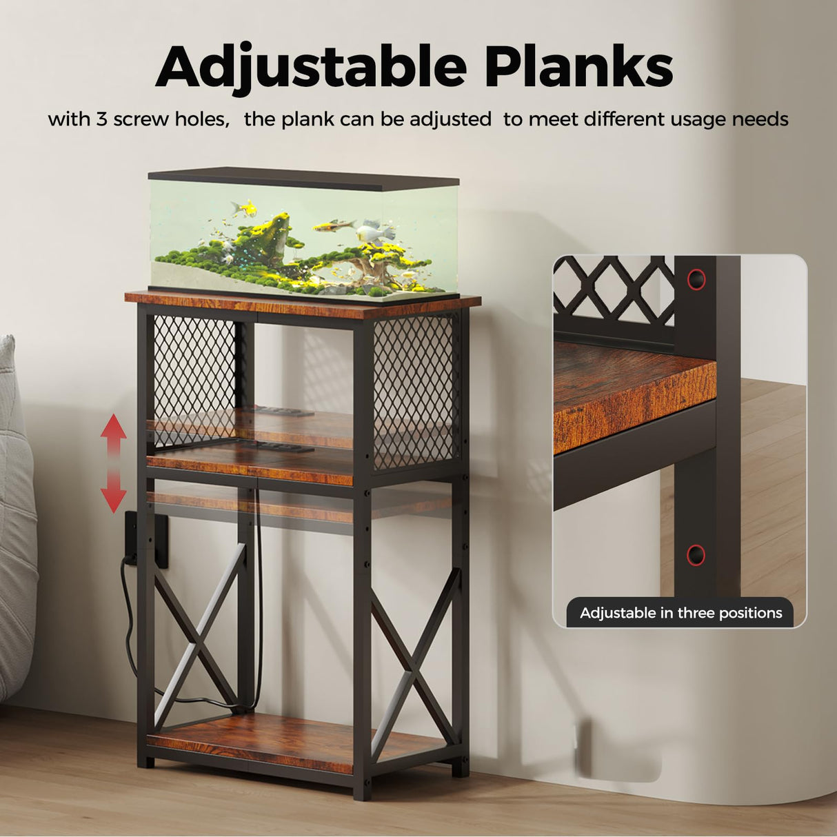 HavenlyYouth 10 Gallon Fish Tank Stand with Power Outlet , 3 Tier Aquarium Stand with Shelf, Turtle/Reptile Tank Stand for Home Office ,Adjustable Boards, 20.47''L×11.42''W×30.91''H, Retro Brown HavenlyYouth