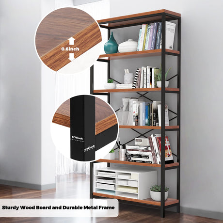 Himimi 6 Tier Industrial Bookshelf, Vintage Standing Storage Shelf, Display Shelving Units, Tall Bookcase, Industrial Metal Book Shelves for Living Room Bedroom and Home Office Himimi