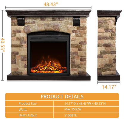 R.W.FLAME Electric Fireplace Mantel Package, 48 inch Freestanding Stone Fireplace Heater TV Stand with Remote Control, 7 Flame Brightness Settings, 750W/1500W,New