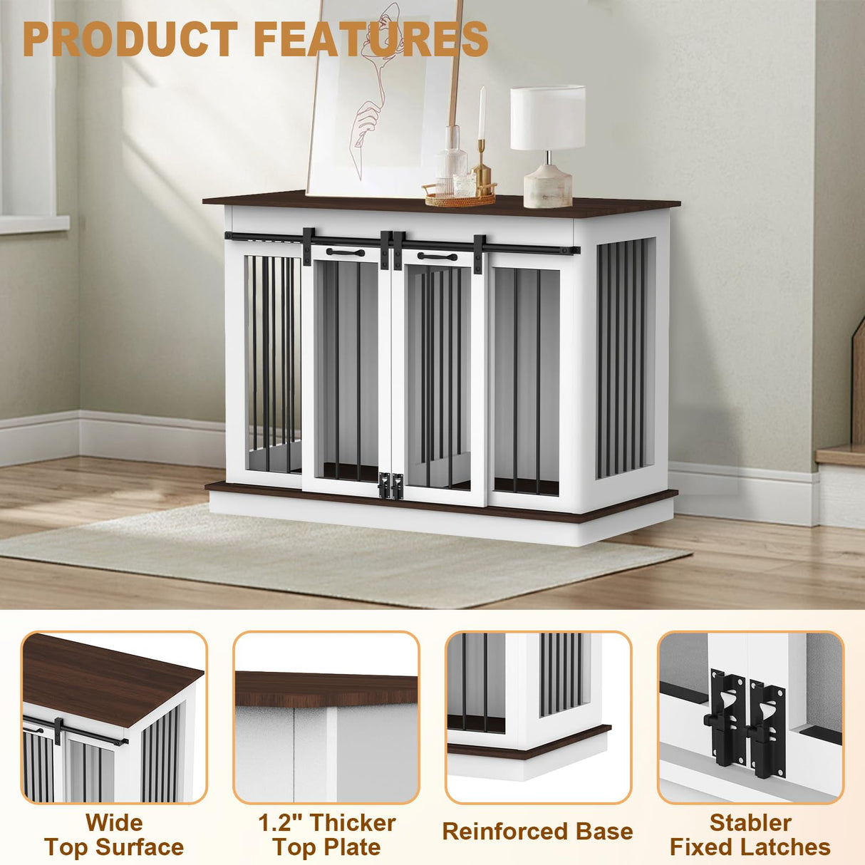 RQZ Double Dog Crate Furniture for 2 Dogs Heavy Duty Wood Dog Cage Table with 2 Sliding Doors and Removable Divider Large Wooden Dog Kennel Indoor for Medium Large Dogs (46.4" L x 23.4" W x 35.0" H) RQZ