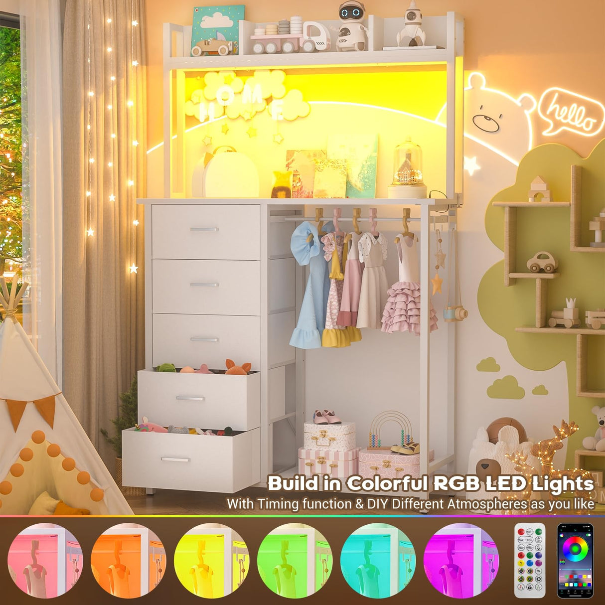 Cyclysio Dresser for Bedroom with Hutch & Clothes Rack, 70'' Tall 5 Drawers Dresser with Shelves, Dressers Closet with Charging Station & LED Lights, Bedroom, White Cyclysio