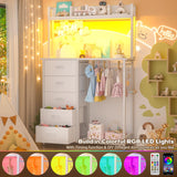 Cyclysio Dresser for Bedroom with Hutch & Clothes Rack, 70'' Tall 5 Drawers Dresser with Shelves, Dressers Closet with Charging Station & LED Lights, Bedroom, White Cyclysio