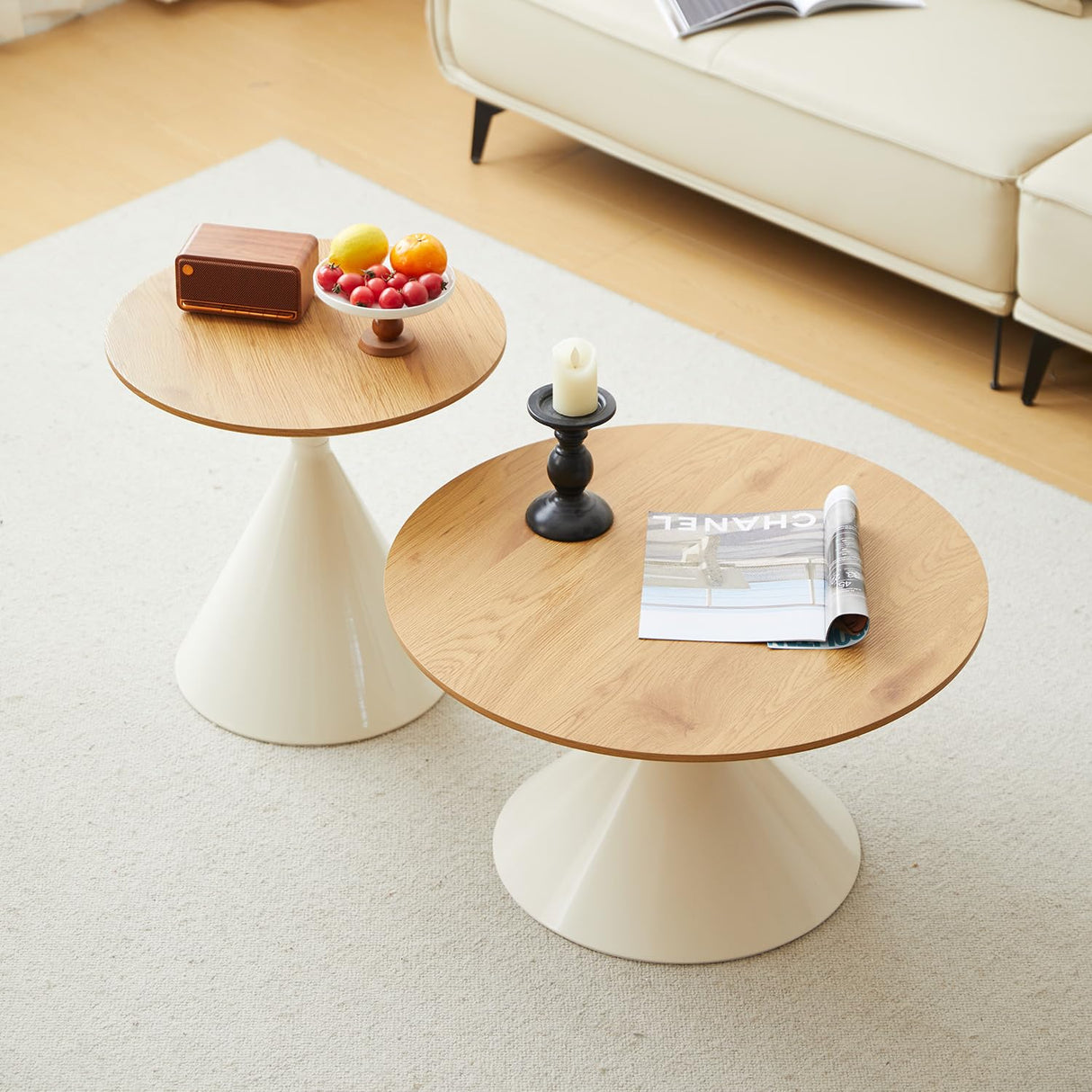 ZYLTHORN Nesting Coffee Table Set of 2 Coffee Table Sets Wooden Coffee Table with Carbon Steel Base Round Coffee Tables for Living Room, Bedroom, Office ZYLTHORN