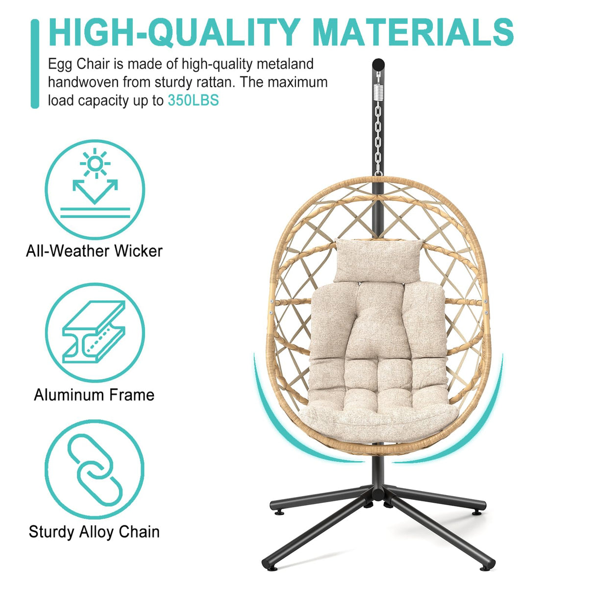 SWITTE Hanging Egg Chair with Stand, Outdoor Egg Swing Chair with Stand, Indoor Wicker Hammock Chair with Cushion for Patio, Garden-Cream SWITTE