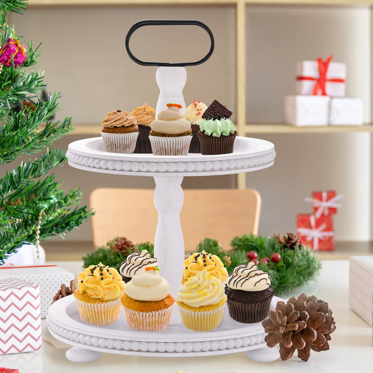 Urban Deco Wooden Decorative Tray Two Tiered Trays Decorations Round Serving Tray with Metal Handle, Wooden Cupcake Stand for Party Tiered Dessert Stand - Retro White Farmhouse Wood Tray Urban Deco