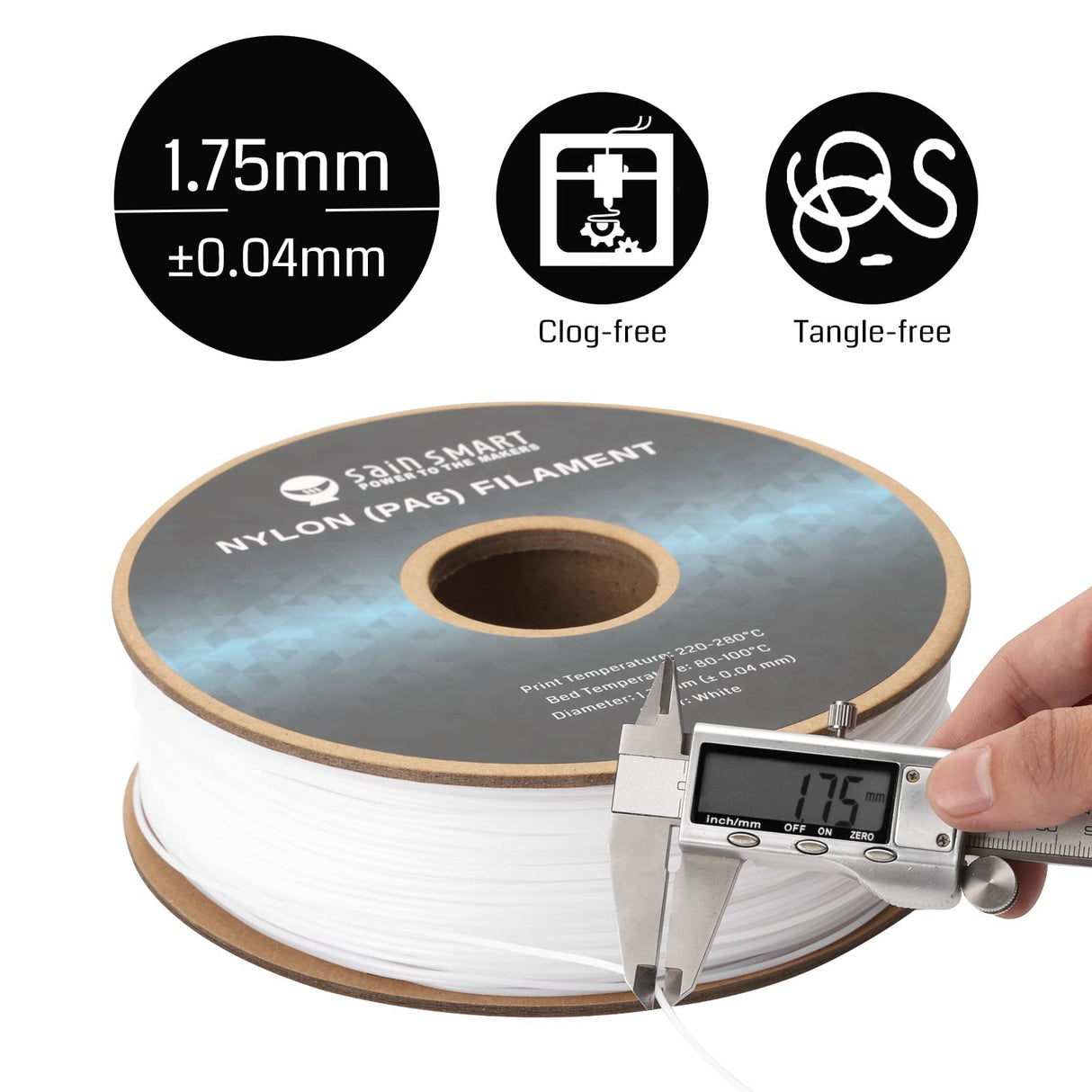 SainSmart PA6 Nylon Filament 1.75mm 3D Printer Filament, 1kg Cardboard Spool(2.2lbs), Dimensional Accuracy +/- 0.04 mm, Fit Most FDM Printer (White) SainSmart