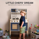 ROBOTIME Wooden Play Kitchen, Kids & Toddlers Kitchen Playset, Kids Play Kitchen Pretend Play Set with Lights & Sounds, Toy Kitchen for Ages 3+ (Blue) ROBOTIME