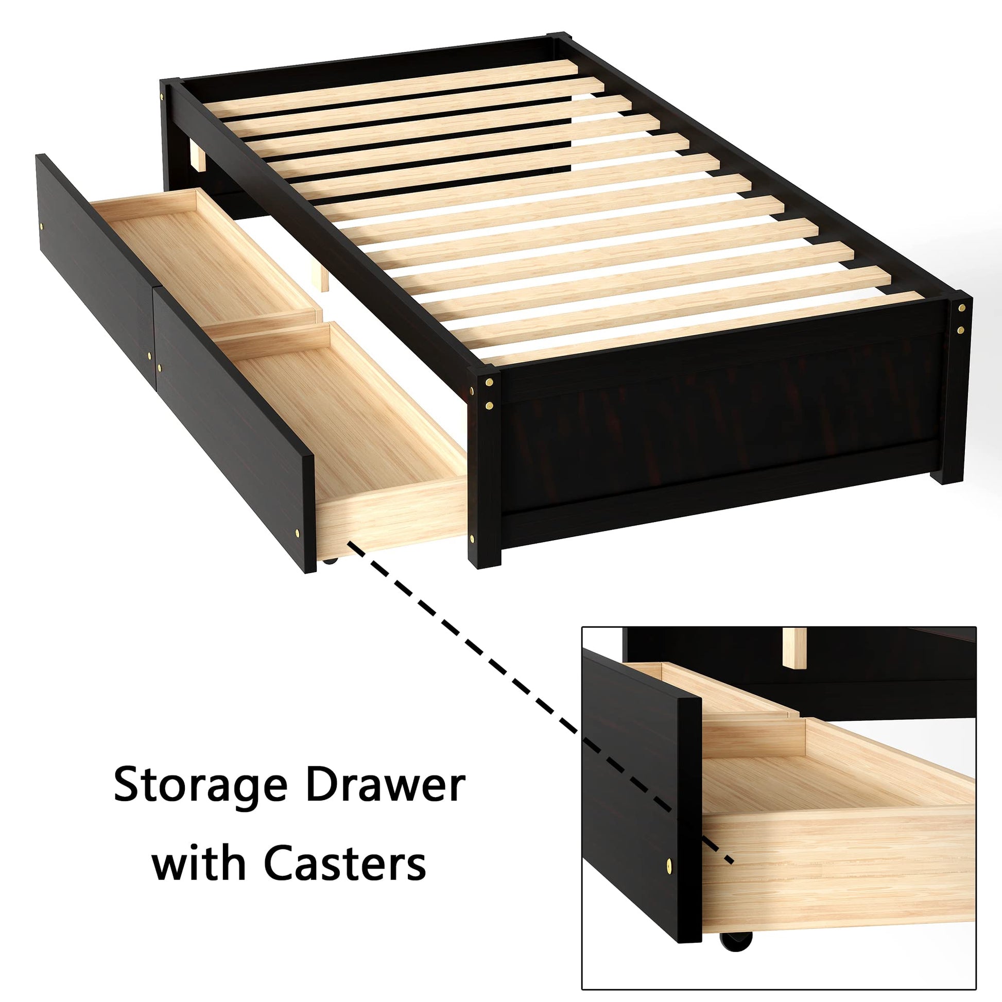 Dolonm Twin Size Solid Wood Platform Bed Frame with 2 Storage Drawers - Espresso Finish - WoodArtSupply