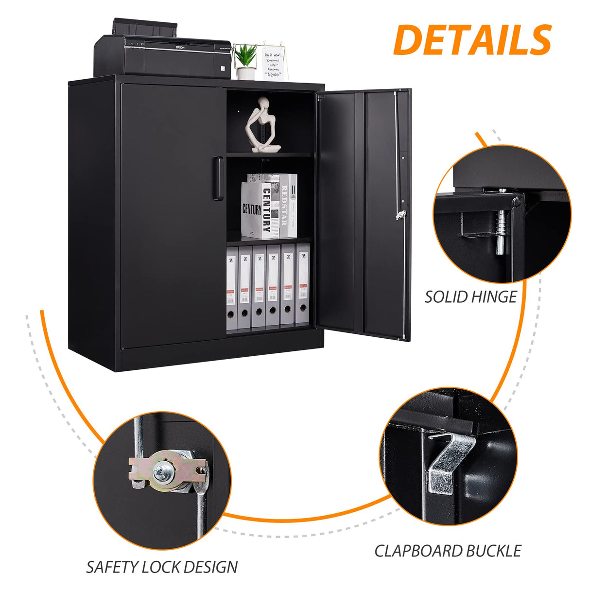 Anxxsu Metal Storage Cabinet, Lockable Steel Storage Cabinet with 2 Doors and Shelves, Metal Cabinet with Lock, Small Locking Cabinet for Home Office (Black) Anxxsu