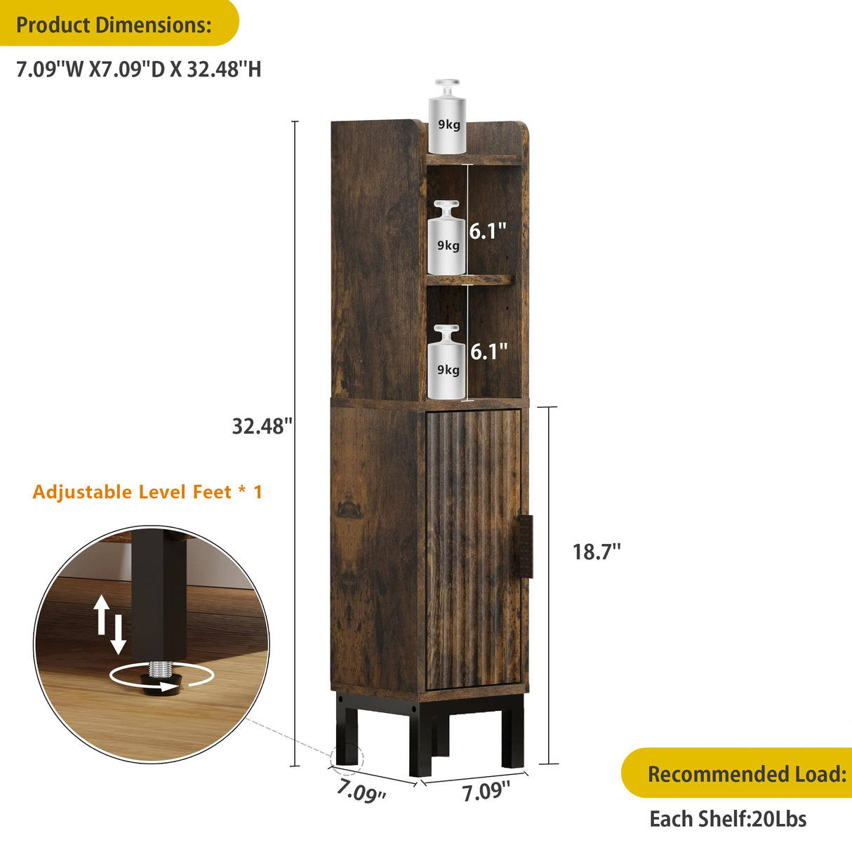 FerniTry Small Bathroom Storage Cabinet, Corner Floor Narrow Toilet Paper Cabinet with Door and Shelves,Bathroom Organizer with Adjustable Shelf, for Small Spaces (Rustic Brown) FerniTry