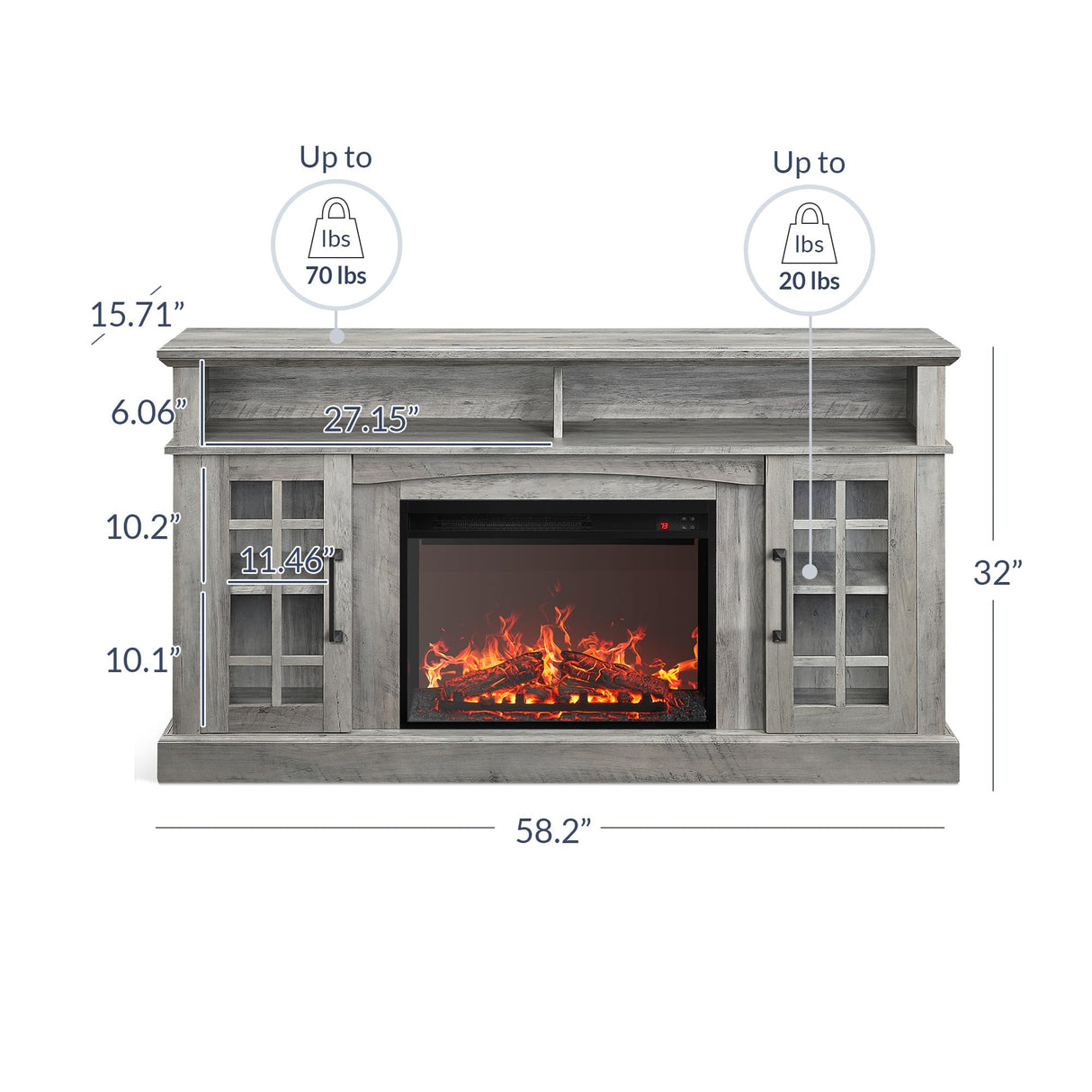 BELLEZE Traditional 58" Rustic TV Stand with 23" Electric Fireplace Heater with Sound, Media Entertainment Center Console Table for TV up to 65" with Open Storage Shelves and Cabinets - Grey Wash BELLEZE