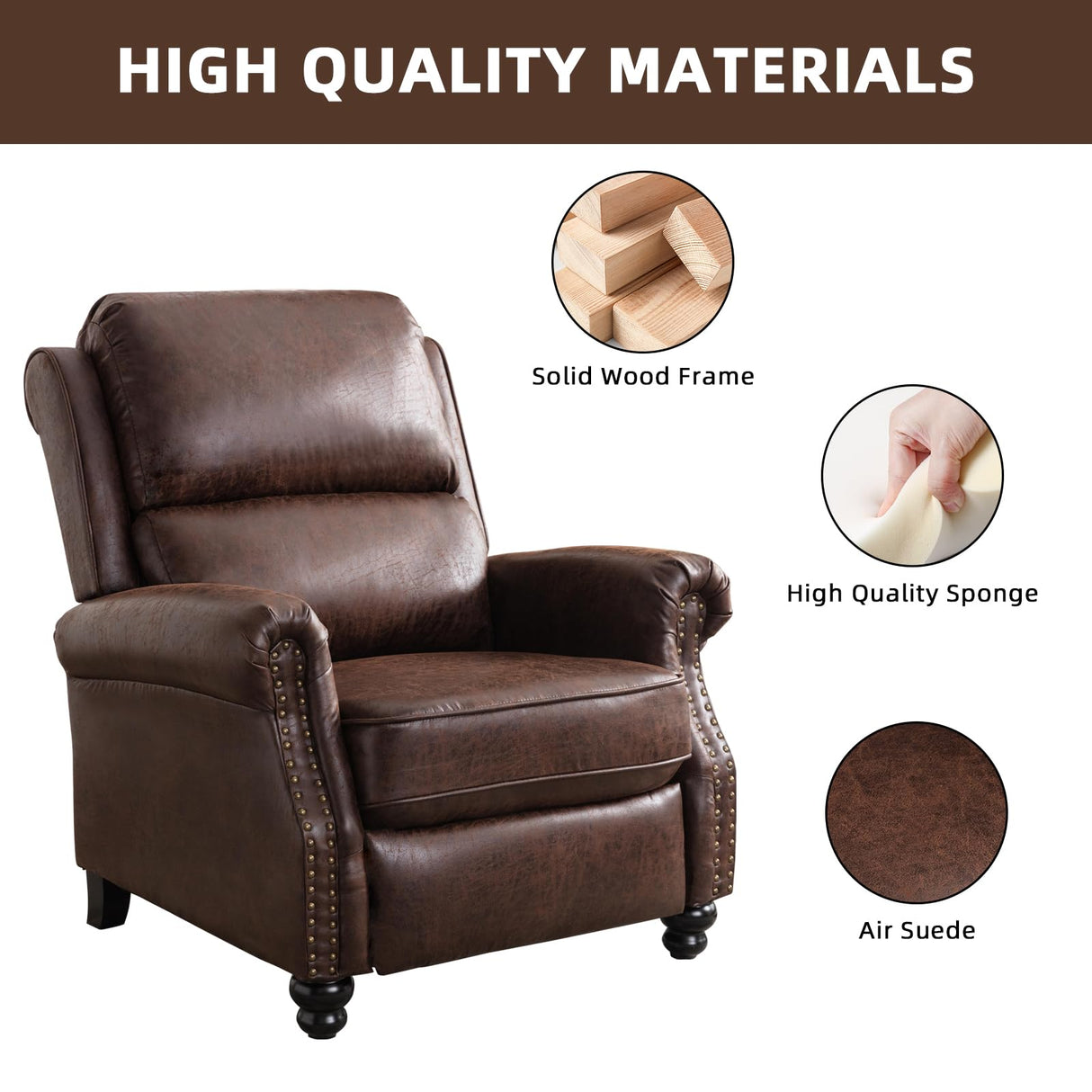 IOMOR Push Back Recliner Chair Faux Leather Lounge Armchair with Rivet Decoration Wingback Single Sofa Chair with Padded Seat Solid Wood Legs for Living Room, Comfy Upholstered, Red Brown IOMOR
