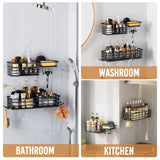 LEVERLOC Shower Caddy Suction Cup, 2 Pack suction shower shelf with Hooks & Soap holder, NO-Drilling Bathroom Holder, Rustproof bathroom organizer, Black LEVERLOC