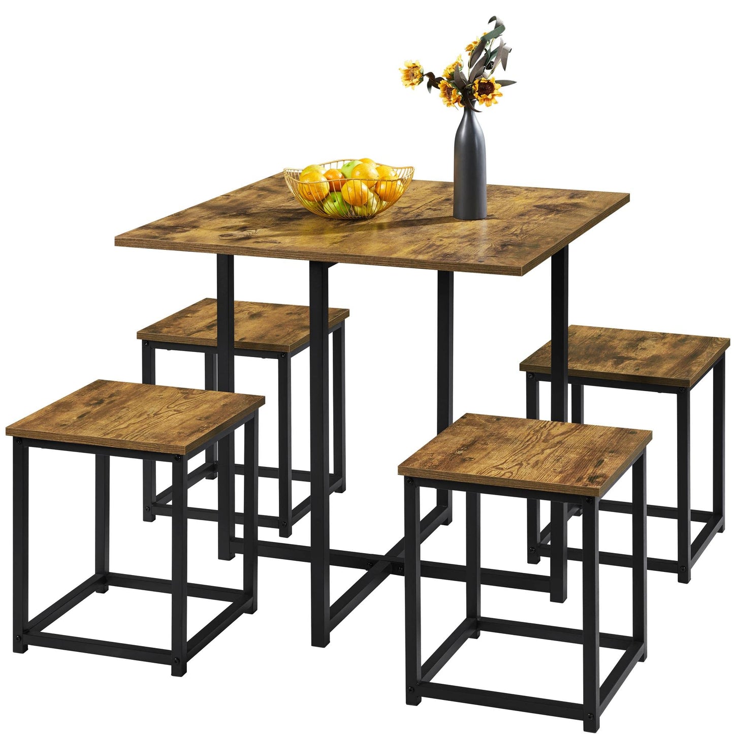 Yaheetech 5 Piece Dining Table & Chair Set - Compact Dining Table Sets Small Kitchen Table with 4 Stools for Dining Room Small Space -Rustic Brown - WoodArtSupply