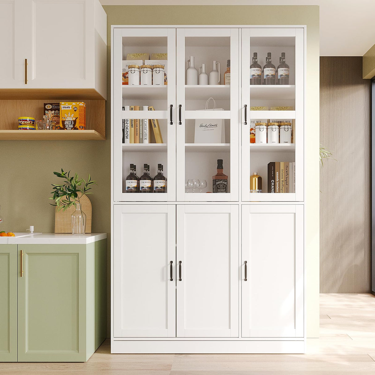 VOWNER 78.7'' Tall Large Bookcase with Glass Doors, Bookshelves Storage Cabinet with Door Shelves, Freestanding Display Organizer for Living Room, Home Office, White VOWNER