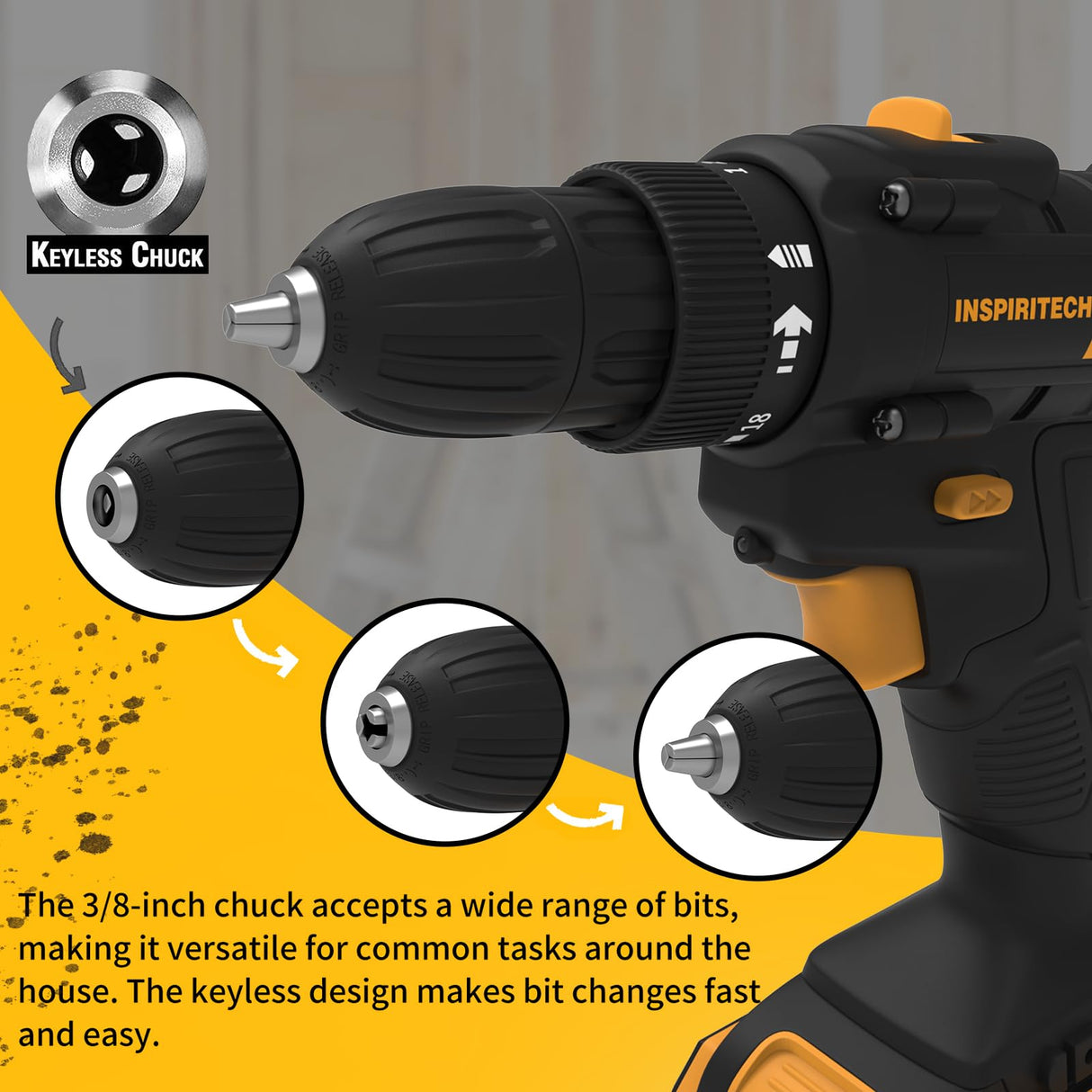 INSPIRITECH 21V Cordless Drill with 2 Batteries and Charger,3/8-Inch Keyless Chuck Power Drill Set,2 Variable Speed Electric Drill Driver, 19 Torque Setting with Drill/Driver Bits… INSPIRITECH