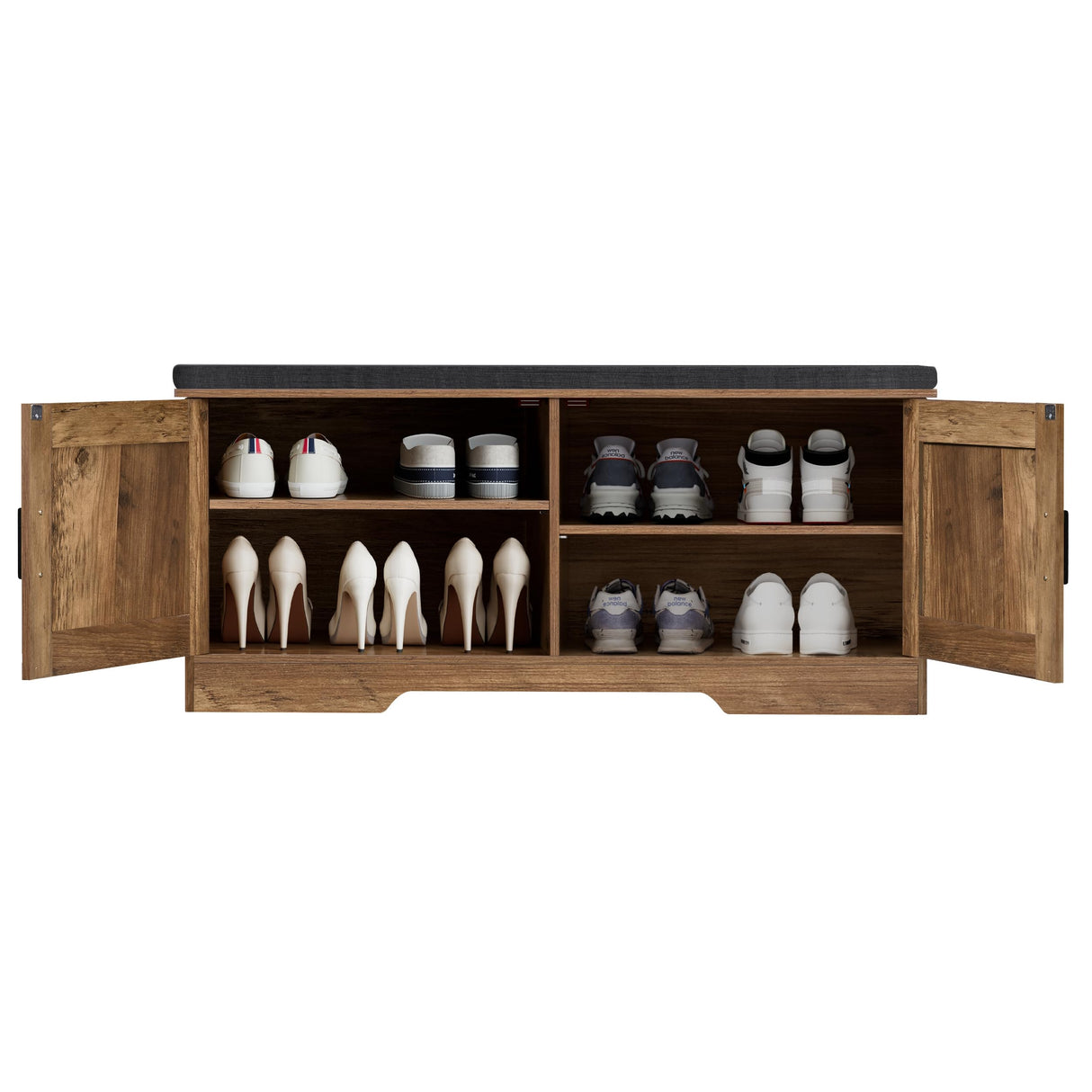 HOMSHO 2-Tier Storage Bench, Shoe Bench with Padded Seat Cushion, Entryway Bench with 2 Barn Doors, Adjustable Shelf, 13.8" D x 39.4" W x 17.7" H, for Entryway, Living Room, Bedroom, Rustic Walnut HOMSHO