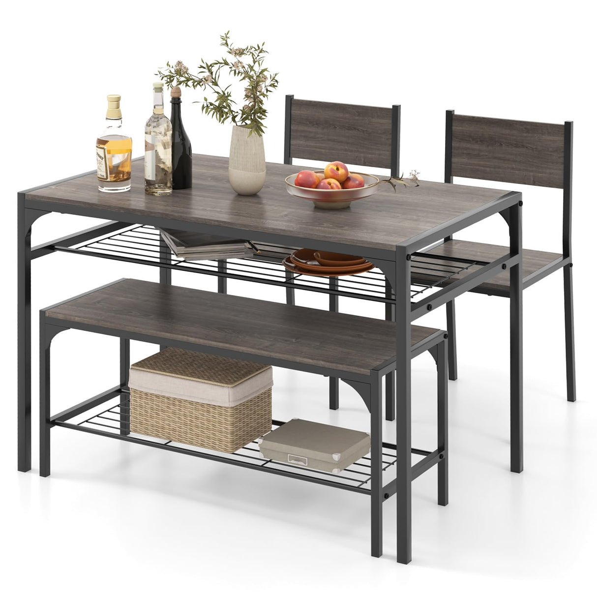 COSTWAY 4 Pieces Dining Table Set, Kitchen Table and 2 Chairs for 4 with Bench, Storage Racks, Metal Frame & Space-saving Design, Industrial Kitchen Table Set for Small Space, Apartment (Black & Grey) COSTWAY