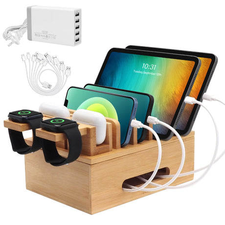 Deefielly Bamboo Charging Stations for Multi Devices with 5 Port USB Charger, 6 Cables, Desktop Wood Docking Station Charger Organizer for Cell Phones, Tablets,Earphone, Watches Deefielly