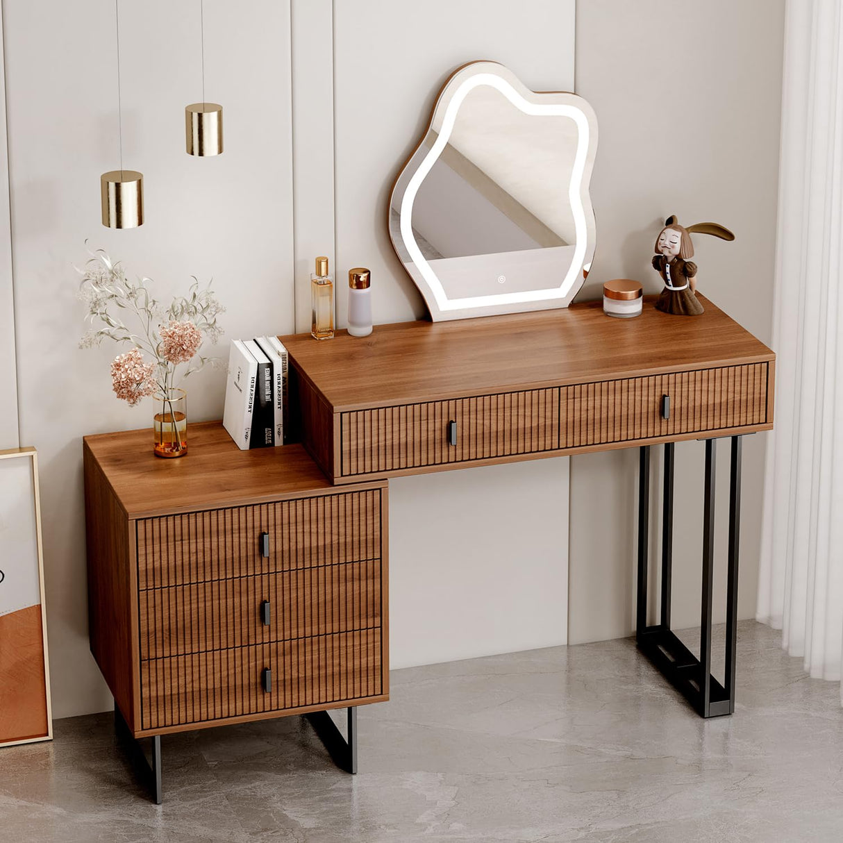 Ieejdn Vanity Desk with Mirror and Lights,Small Makeup Vanity with 5 Large Drawer, Makeup Desk with 3 Color Lighting Modes Adjustable Brightness,Dressing Table for Bedroom,Brown Ieejdn