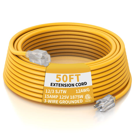PLUGTUL 12 Gauge Extension Cord 50 Ft, Heavy Duty Outdoor Extension Cord Waterproof Lighted End SJTW, 3 Prong Grounded Plug for Safety, 15A 1875W, ETL Listed, Great for Garden and Home, Yellow PLUGTUL