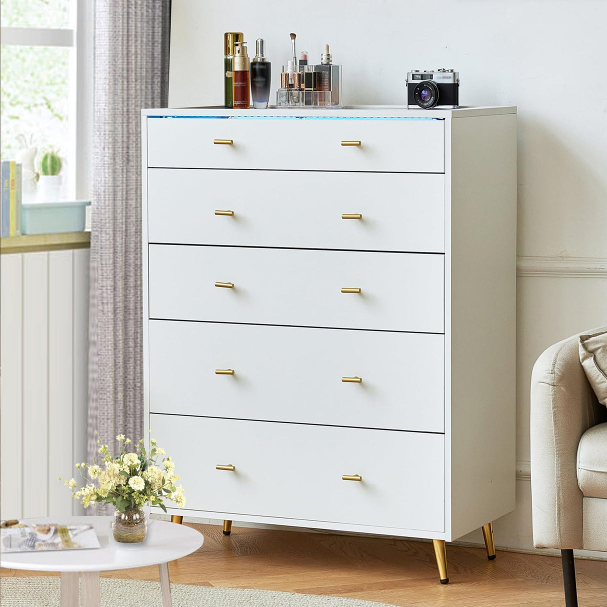 JanflyHome Wardrobe Closet Island with Drawers, Glass Tabletop & LED Lights, Jewelry Dresser Display, Wooden Closet Storage Cabinet for Bedroom Cloakroom Shops, 30.7" W x 15.7" D x 38" H, White JanflyHome