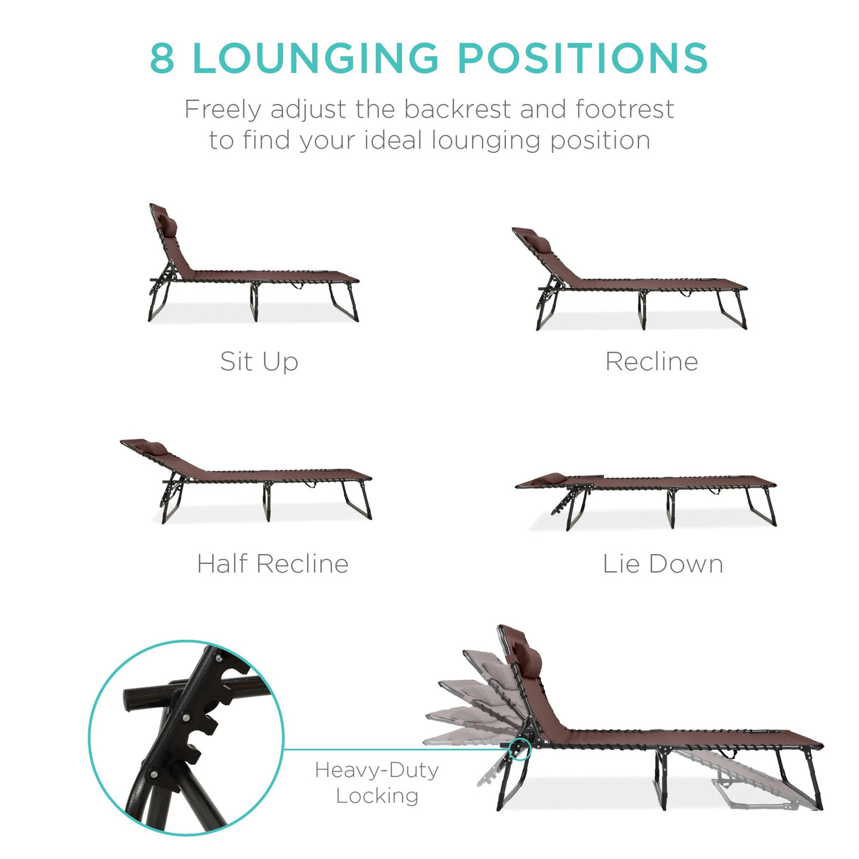 Best Choice Products Patio Chaise Lounge Chair, Portable Outdoor Folding Recliner for Lawn, w/ 8 Positions, Handles, 300lb Capacity - Brown Best Choice Products