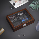 BEWISHOME Sunglasses Organizer, 8 Slot Sunglasses Case for Men, Eyeglasses Storage Box with Clear Glass Top, Smooth Faux Leather Interior, Brown SSH25Y BEWISHOME