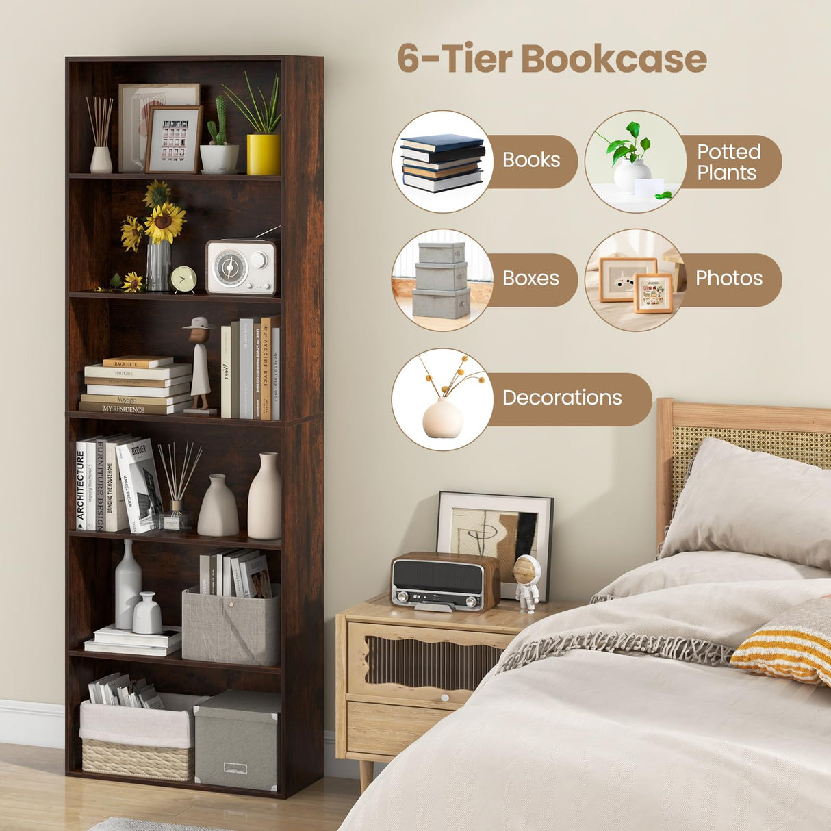 Giantex 6-Tier Bookcase, 70" Tall Wooden Bookshelf, Freestanding Storage Organizer w/Open Shelves, Anti-Tipping Kits, Modern Floor Standing Display Shelves for Living Room, Bedroom (1,Rustic Brown) Giantex