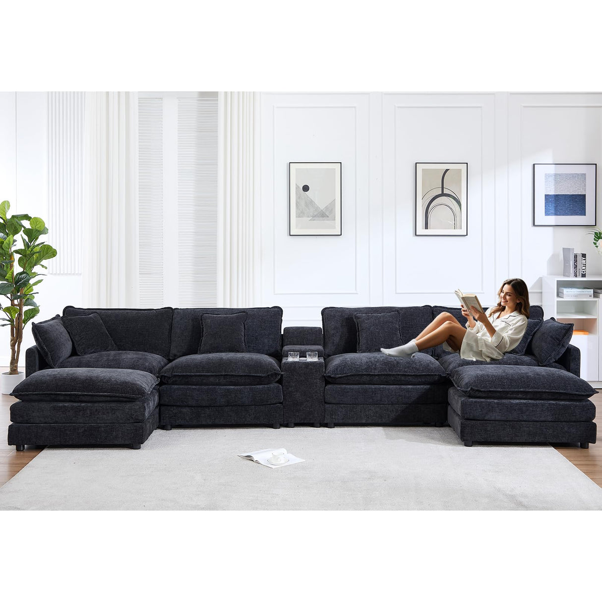 VEPXXP Oversized Modular Sectional Sofa, 159" Modern Large 6 Seater U Shaped Sectional Couch with Ottoman, Comfy Cloud Couches with Cup Holders & USB for Living Room, Spacious Space (Black) VEPXXP