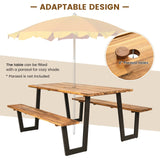 Tangkula Wooden Picnic Table, Outdoor Acacia Wood Picnic Table with 2 Built-in Benches, Umbrella Hole, Steel Frame, Outside Table and Bench Set for Garden, Backyard, Porch, Patio Tangkula