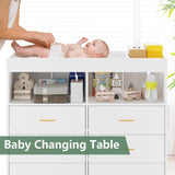 GarveeHome Dresser for Bedroom with 6 Drawers, Baby Changing Table Dresser with Changing Pad, LED Lights & Charging Station, Baby Changing Station with Changing Table Top, White GarveeHome