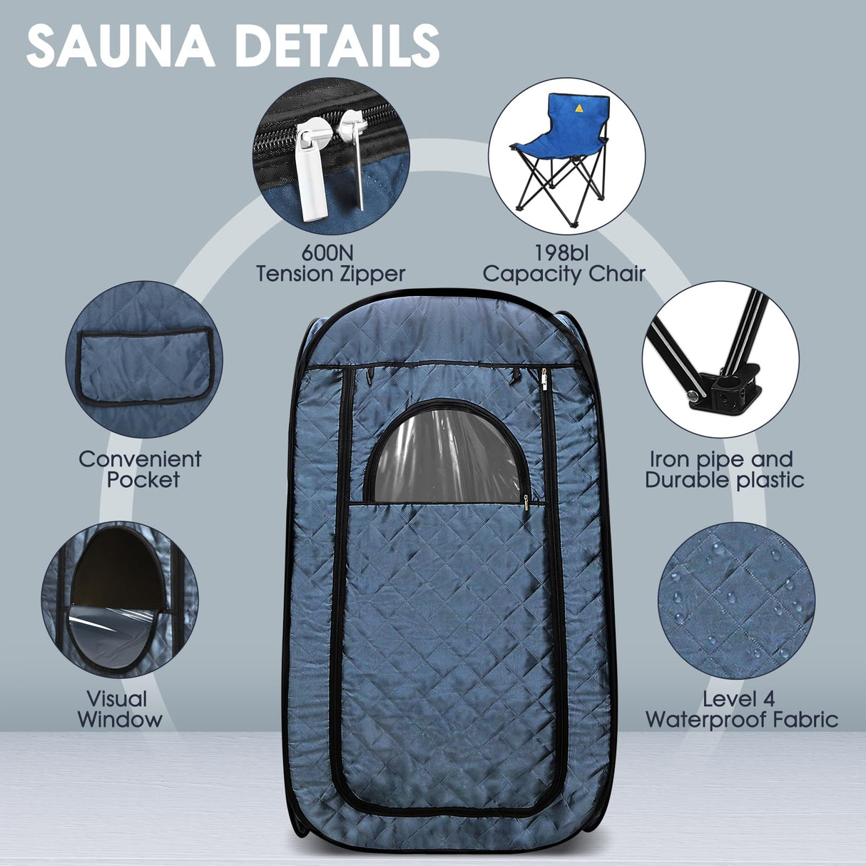 Portable Steam Sauna, Steam Saunas for Home, Personal Sauna for Home, Pop up Sauna Box Tent with 3 L Steamer, 9 Levels, UV Atomization,90 MinTimer, Remote Control, Folding Chair-Blue Sunakie