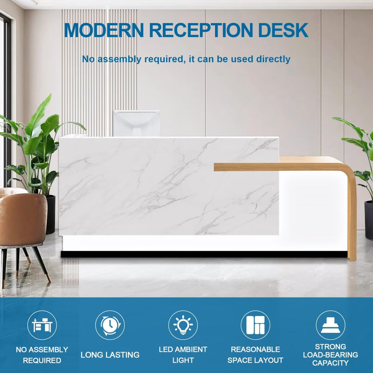Reception Desk with Counter Modern Front Receptionist Table Large Welcome Desk Checkout Counter for Reception Room, Office, Retail, Lobby, Beauty Salon White Right High Wood and White 87inch/220cm CHARON