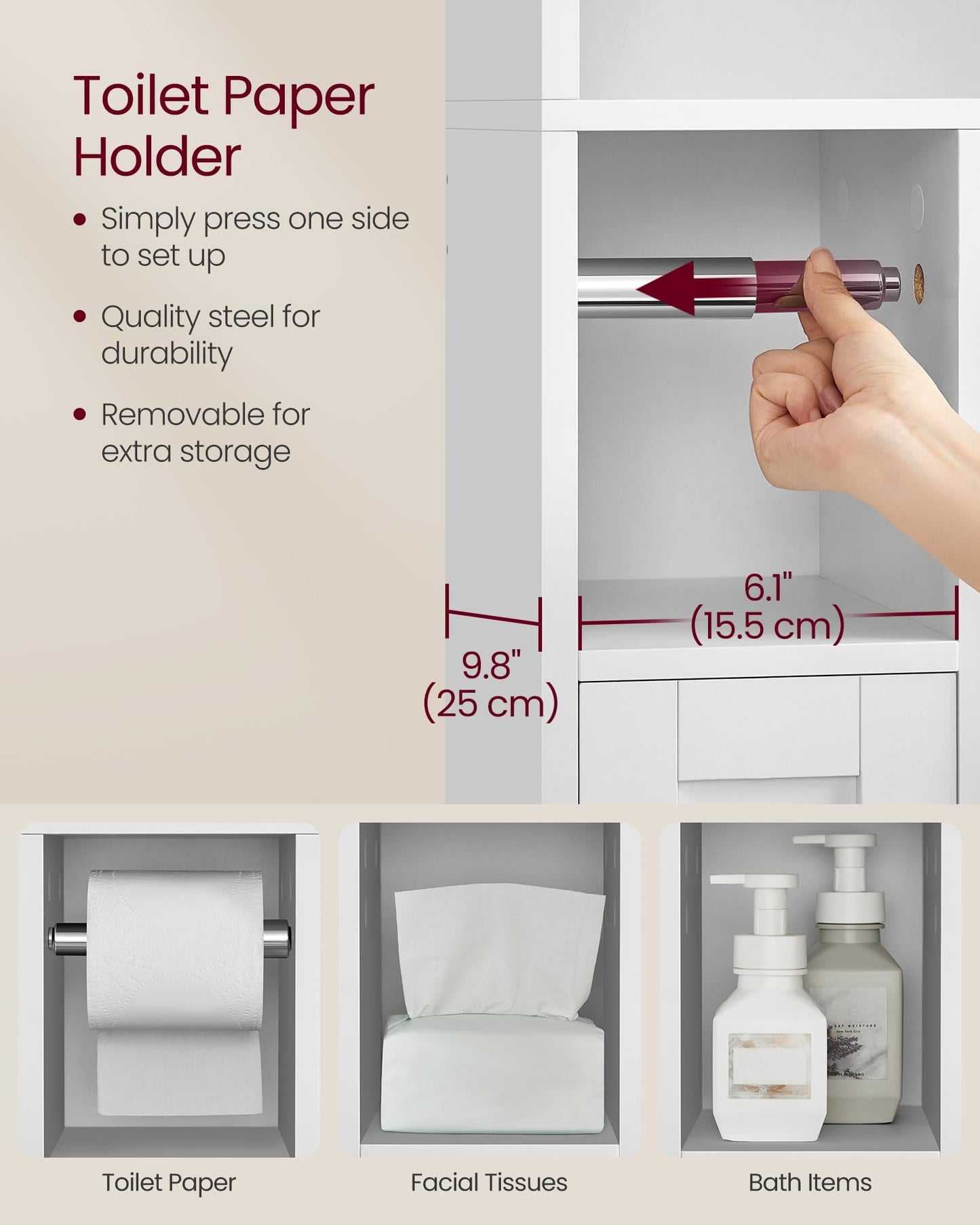 VASAGLE Over The Toilet Storage Shelf, Bathroom Storage Cabinet with Sliding Door, Adjustable Shelves, Toilet Paper Holder, Space-Saving, Modern, 9.8 x 32.7 x 66.9 Inches, Cloud White UBTS018W01