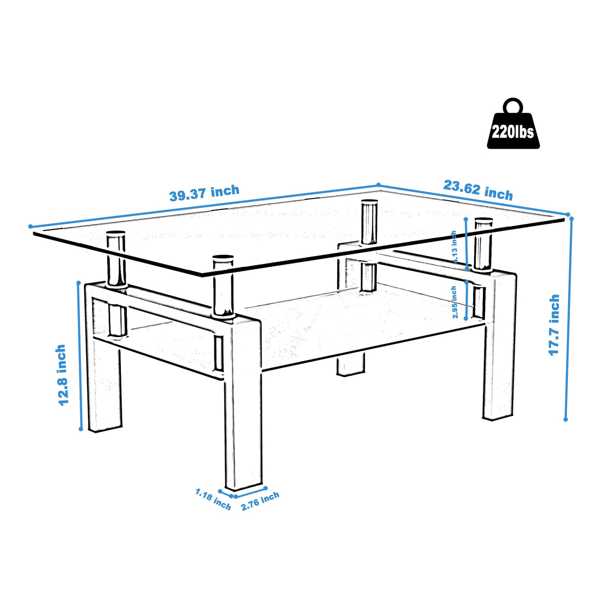 Glass Coffee Table for Living Room, Modern Coffee Table with Transparent Tempered Glass Top and White Metal Legs, Rectangle Tea Table for Home Meihua