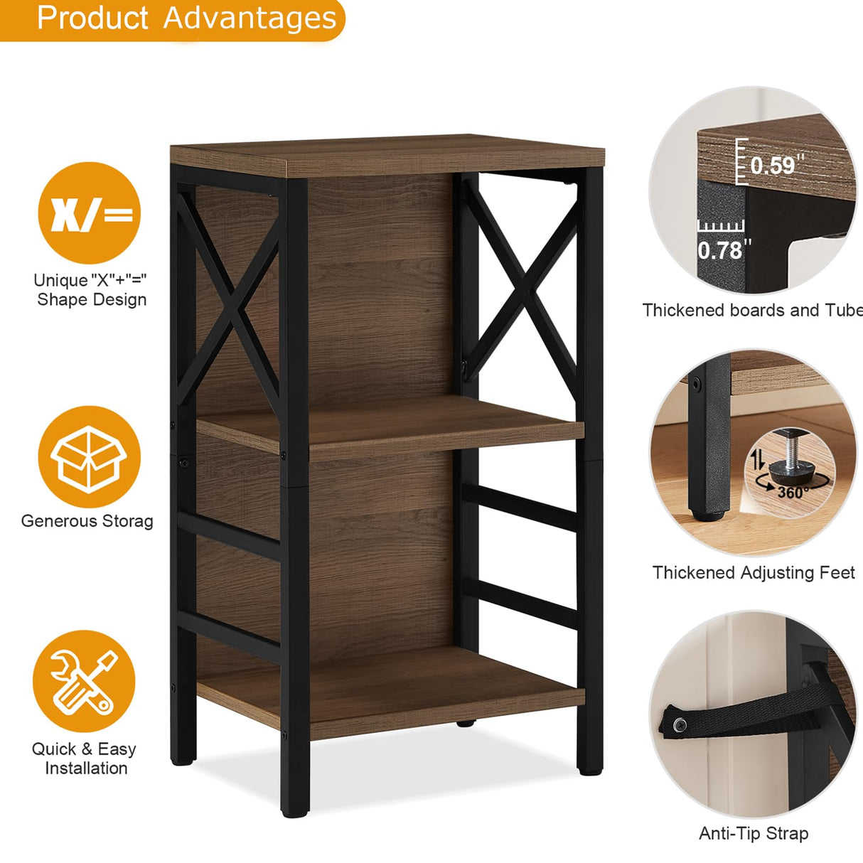 MNEETRUNG 3-Tier Industrial Small Bookcase with Metal Frame and Rustic Brown Finish MNEETRUNG