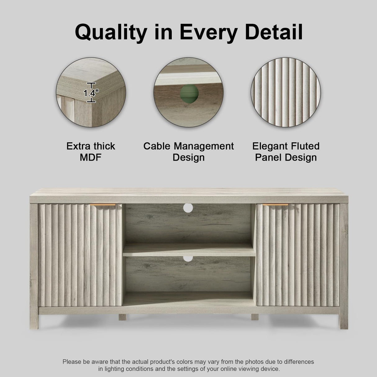 OAKHAM HOME Fluted TV Stands for Living Room, Heavy Duty Entertainment Center with Storage, Mid Century Modern Television Stands for 50/55/60/65 TV, Oxford Media TV Console (Grey Oak) OAKHAM HOME