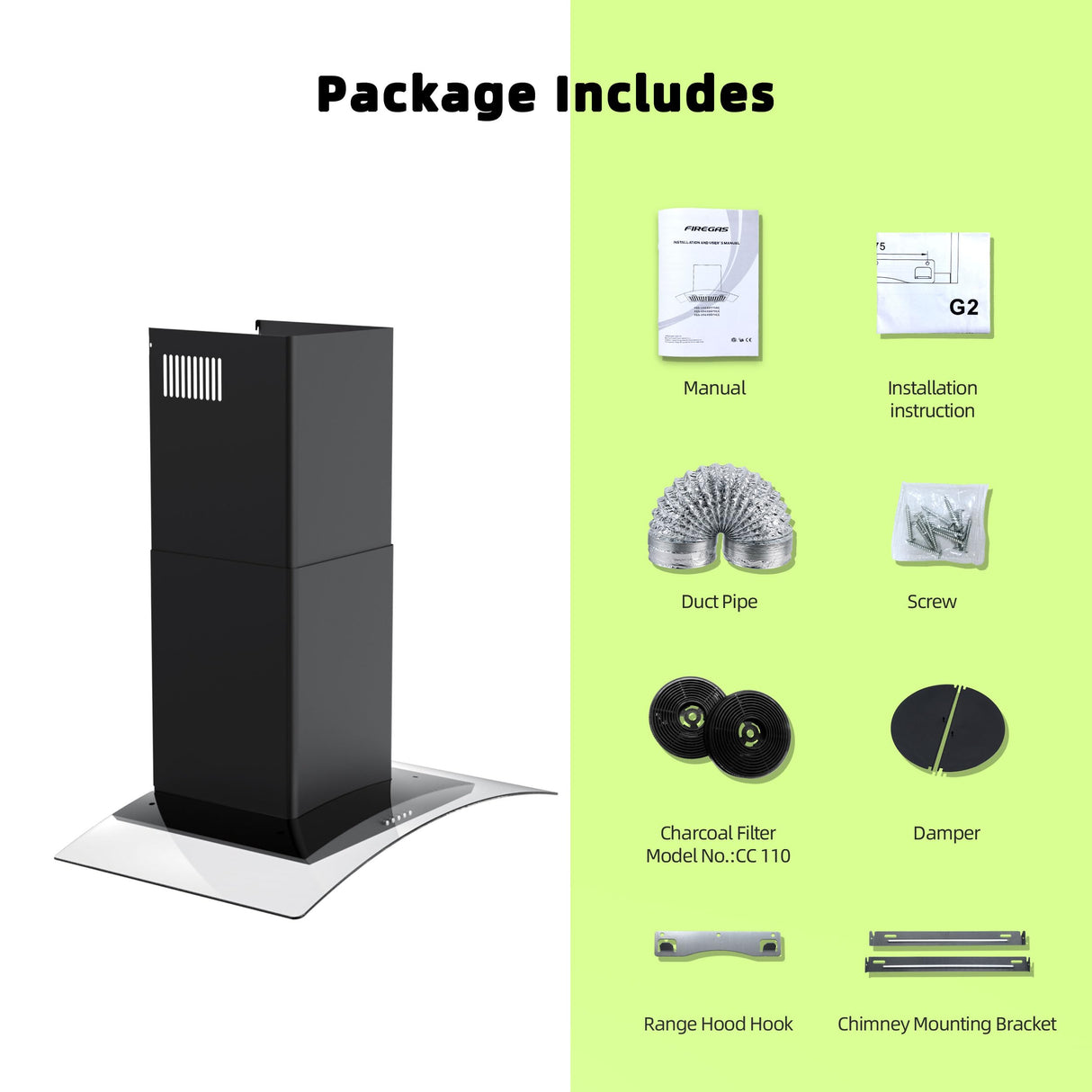 FIREGAS Wall Mount Range Hood 30 inch with 3 Speed Fan,black range hood with tempered glass,400CFM,Push Button Controls, LED Lighting, Permanent Filters in Stainless Steel,includes 2 Charcoal Filters FIREGAS