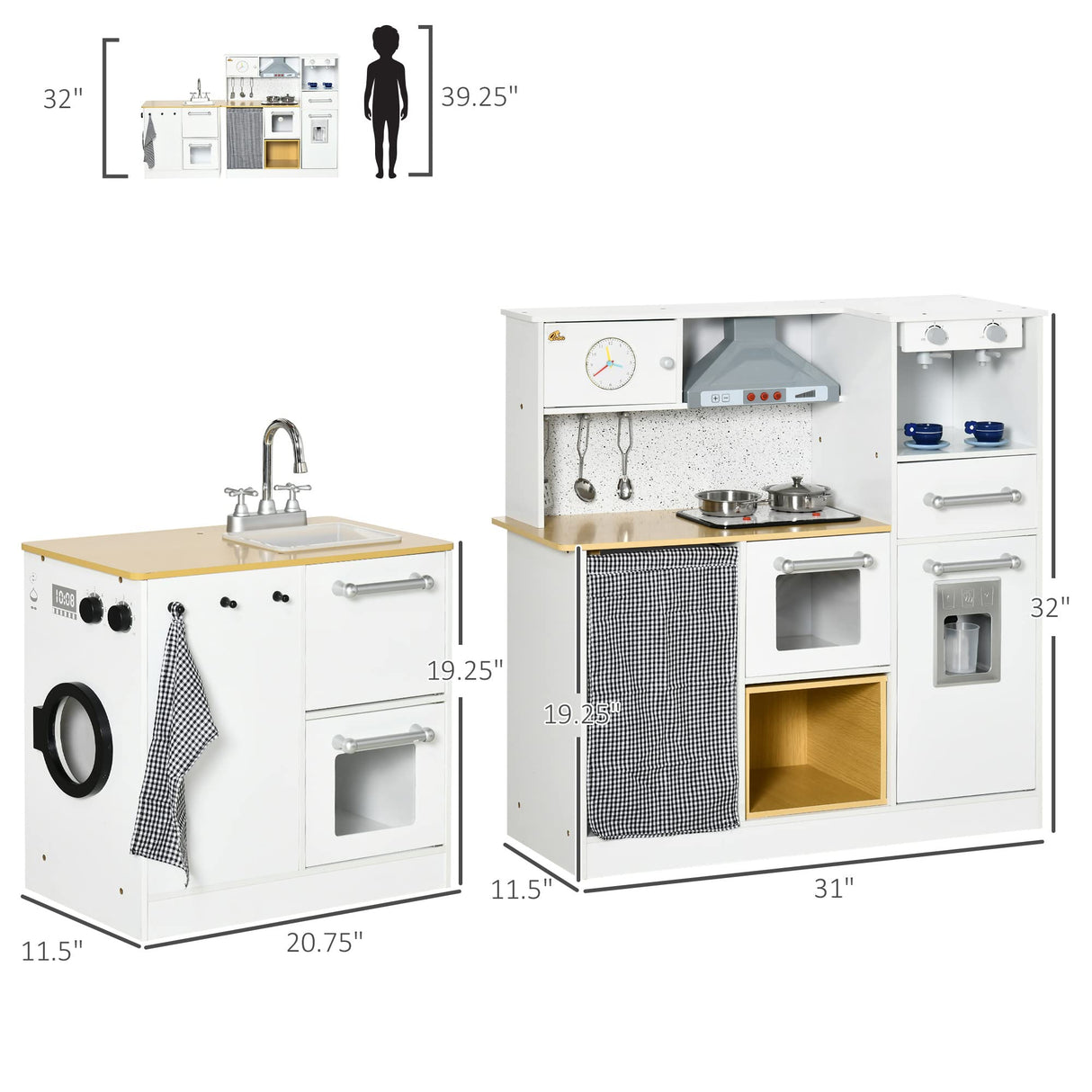 Qaba Kids Wooden Kitchen Playset with Sound Effects and Tons of Countertop Space, Wooden Corner Play Kitchen Set with Washing Machine, Imaginative Toy Pretend Restaurant, Ages 3-6, White Qaba