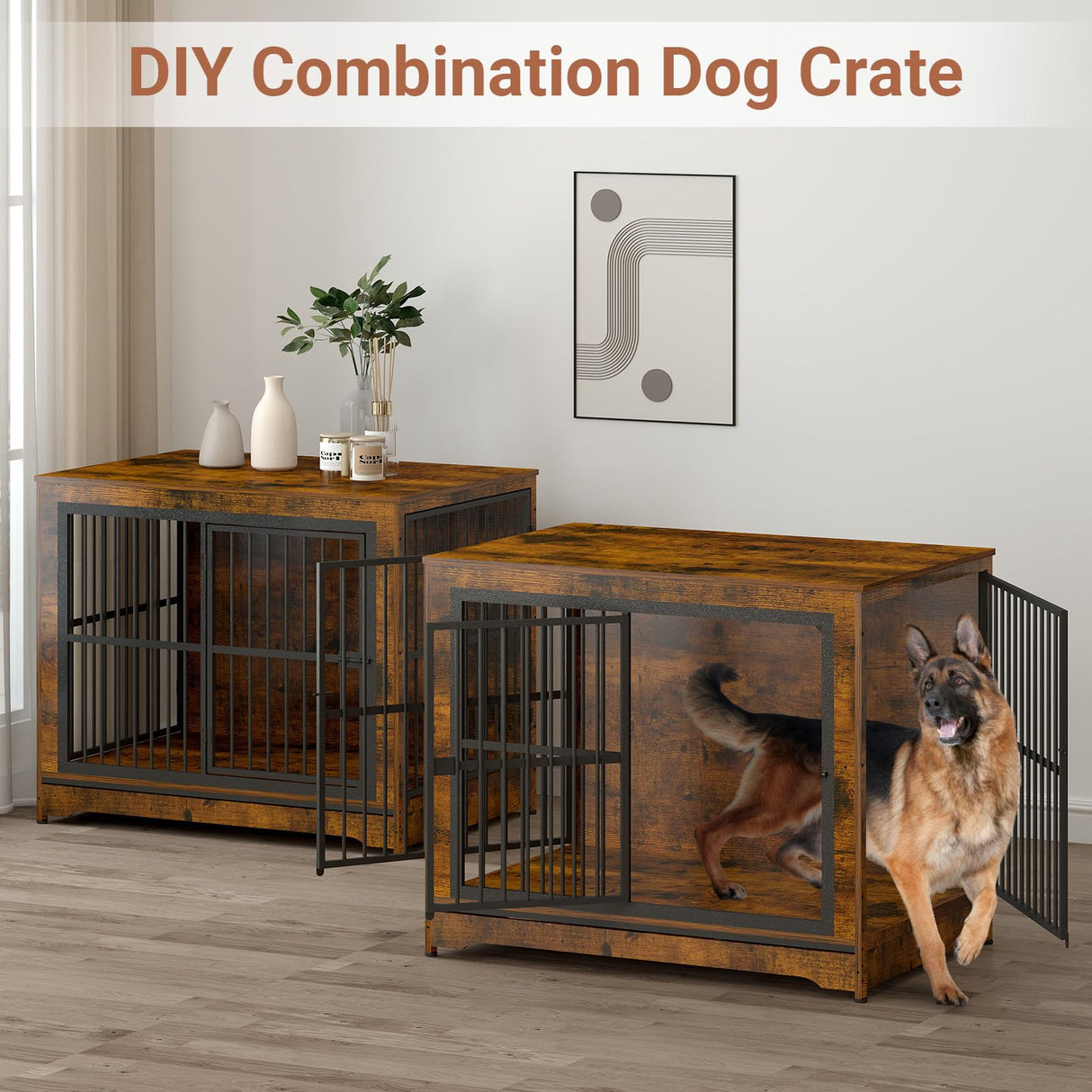 Yafylly 86 Inch Double Dog Crate Furniture with Divider, 4 Combination Forms Large Dog Kennel Furniture for 2 Dogs, Rustic Brown Corner Dog Kennel for Small Medium Large Dogs Yafylly