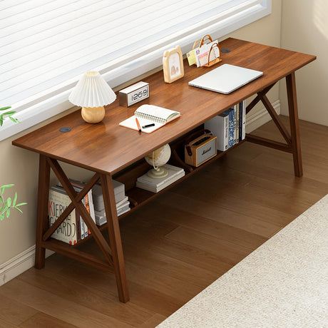 NELYE Extra Long Desk with Bookshelf - Solid Wood Home Office Work Study Table, 2-Person Writing Computer Workstation with Storage Shelf in Walnut, 63" Wx20 Dx30 H NELYE